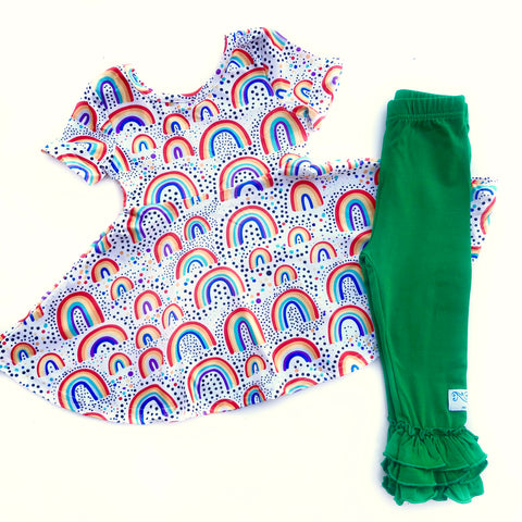 Rainbow twirl tunic + Green Legging