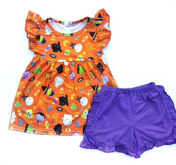 Vintaged Halloween tunic & purple dot shorts