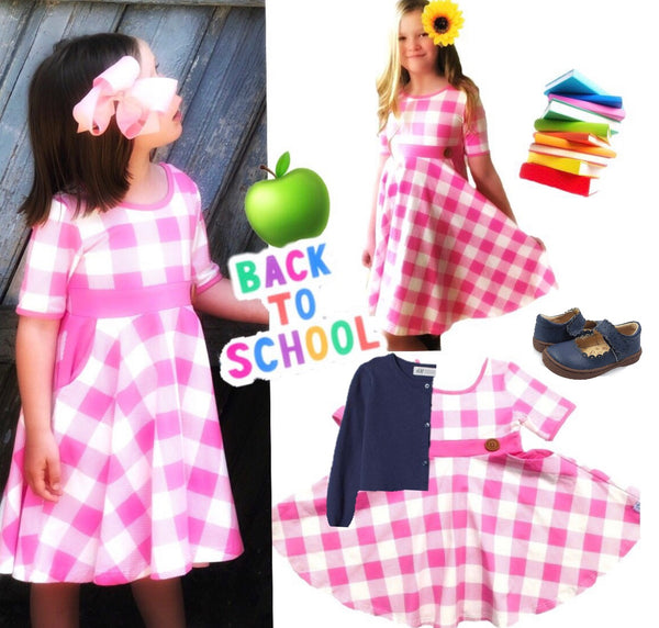 School girl Plaid Twirl dress in Pink