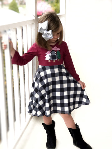 Buffalo plaid twirl dress + Green ruffle legging