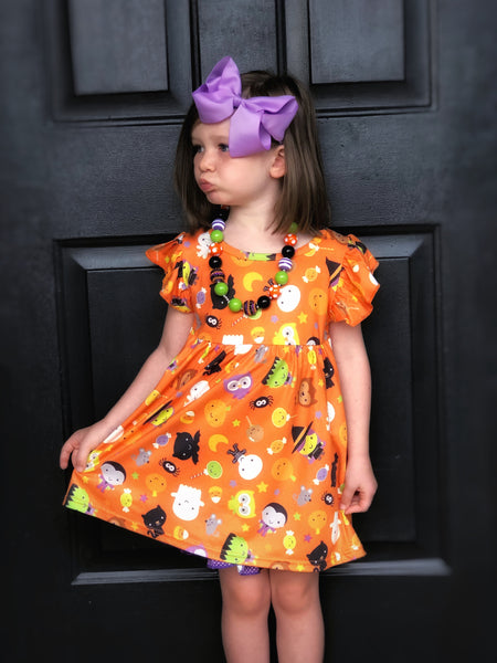 Vintaged Halloween tunic & purple dot shorts